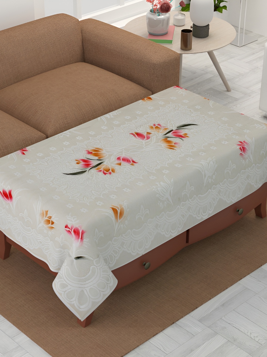 

BIGGER FISH Beige & Red Floral Rectangle 4-Seater Table Cover