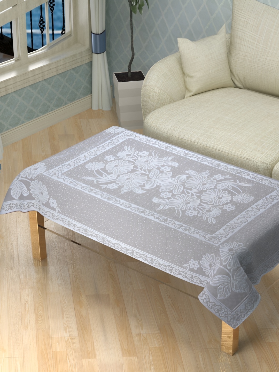 

BIGGER FISH White & Beige Floral Cotton Rectangle 4-Seater Table Cover