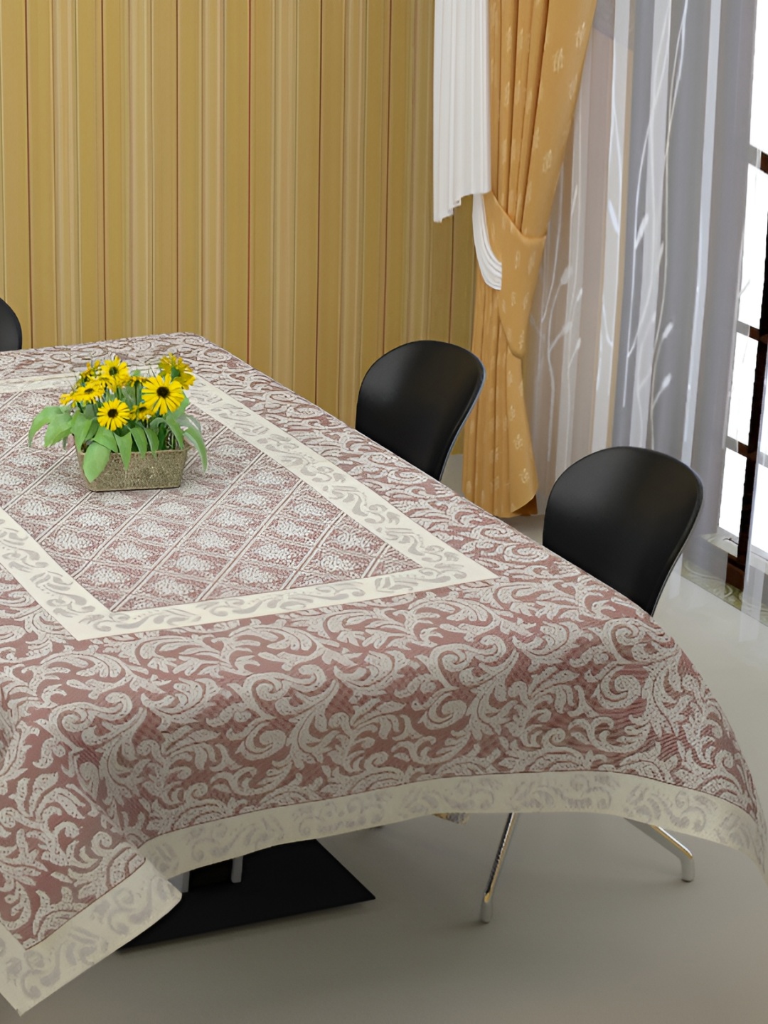 

BIGGER FISH Maroon Ethnic Motifs Cotton 6-Seater Table Cover with Embroidered details