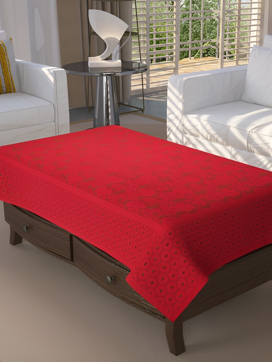 

BIGGER FISH Maroon Floral Cotton 4-Seater Table Cover