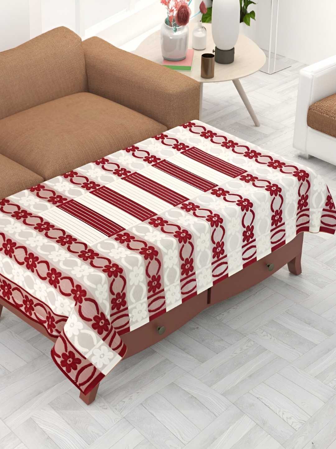 

BIGGER FISH Maroon & White Floral Rectangle Cotton 4-Seater Table Cover