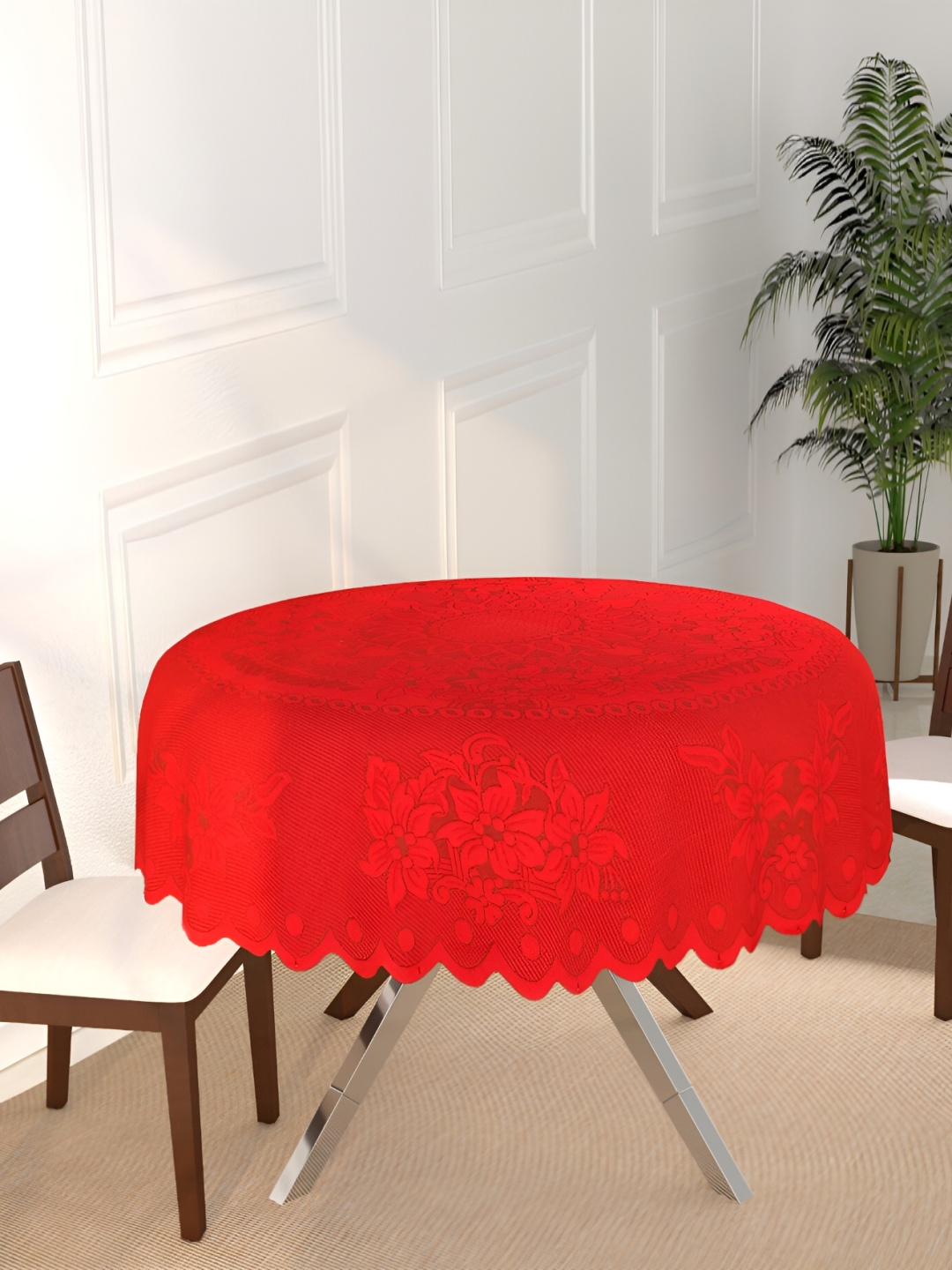 

BIGGER FISH Maroon Floral Round Cotton 2-Seater Table Cover