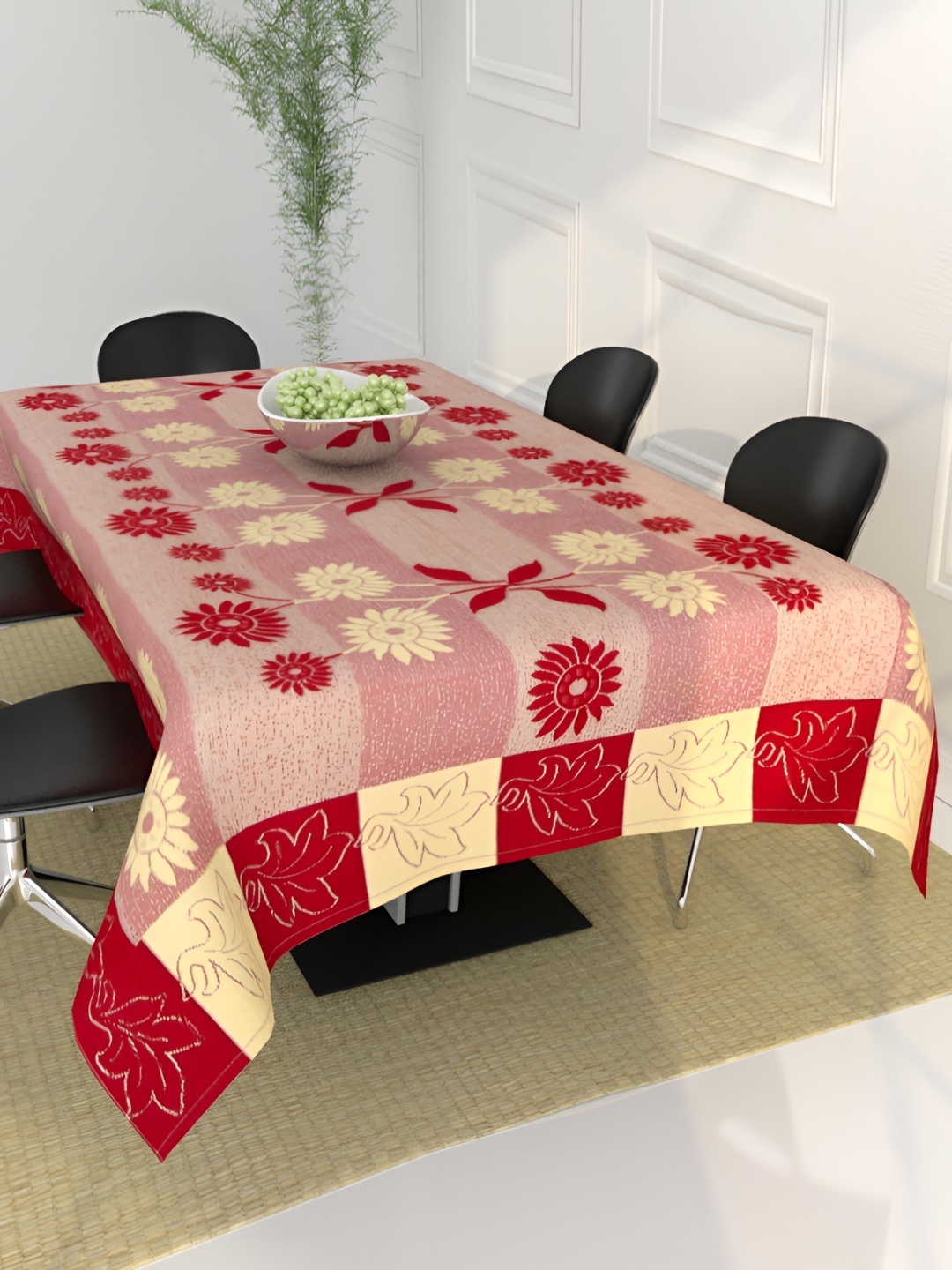 

BIGGER FISH Maroon Floral Self Design Cotton 6-Seater Table Cover