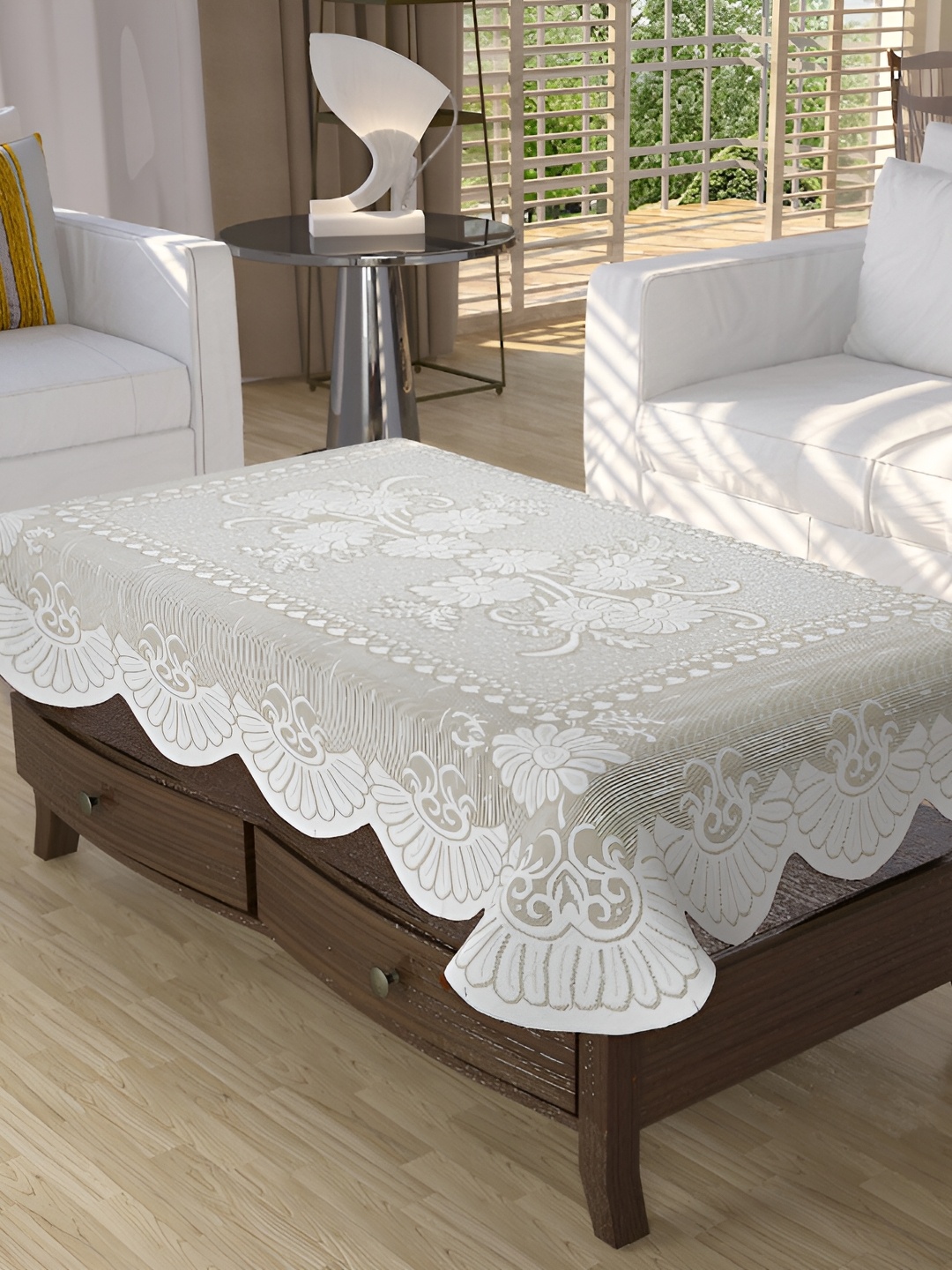 

BIGGER FISH Beige Floral Rectangular Cotton 4-Seater Table Cover