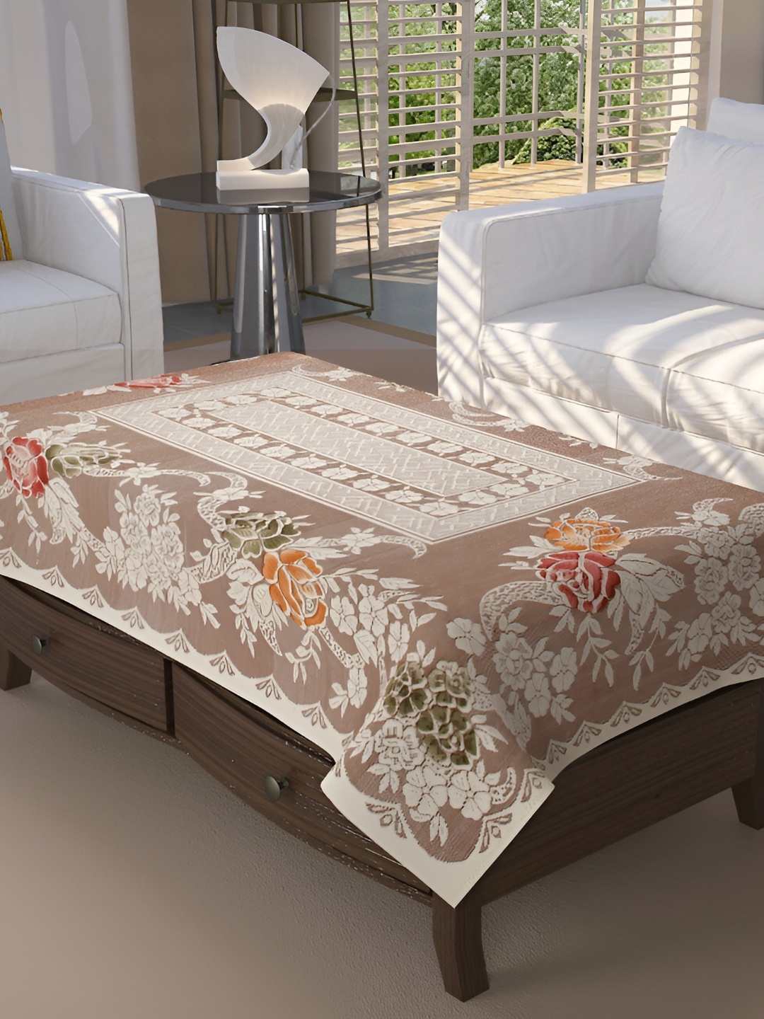 

BIGGER FISH Brown & Beige Floral Textured Rectangle Table Cover