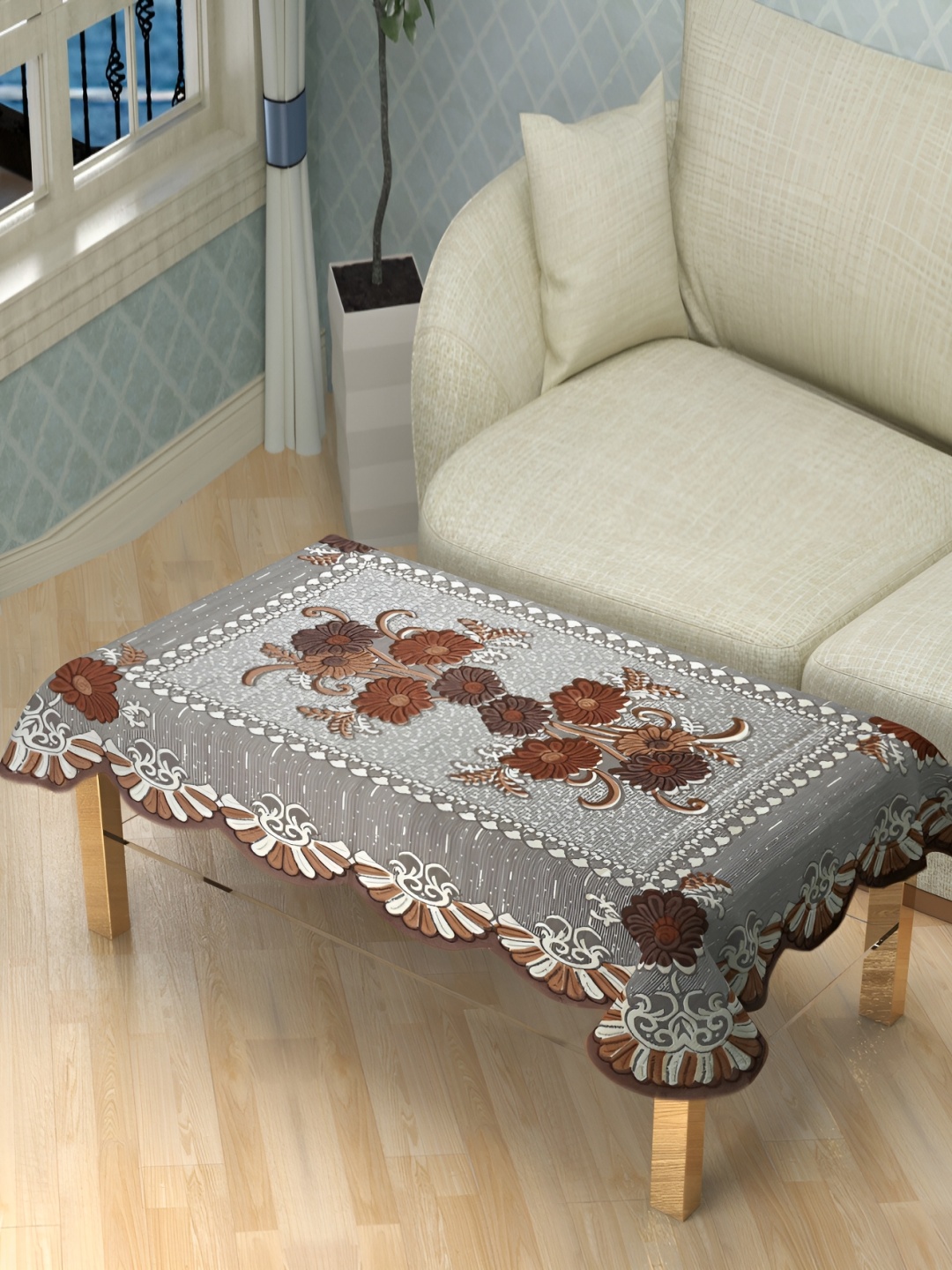 

BIGGER FISH Brown & White Cotton 4 Seater Table Cover