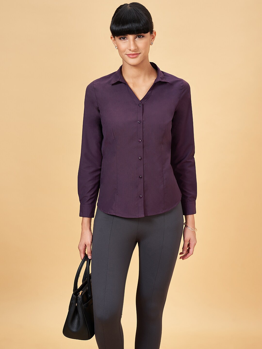 

Annabelle by Pantaloons Spread Collar Long Sleeves Casual Shirt, Purple