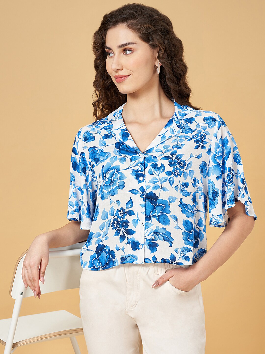 

Honey by Pantaloons Floral Printed Crop Shirt Style Top, Blue