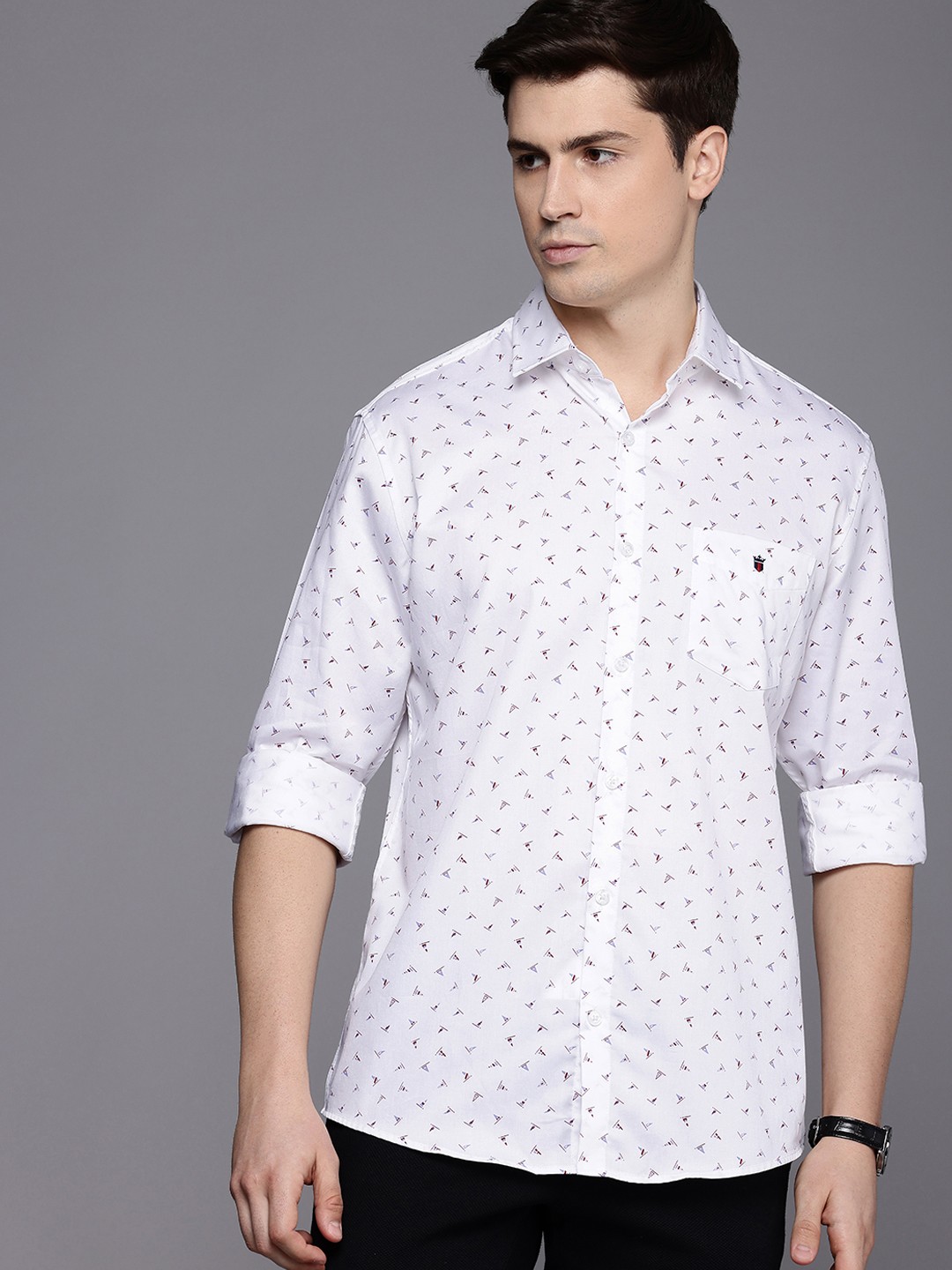 

Louis Philippe Sport Pure Cotton Slim Fit Geometric Printed Casual Shirt, White