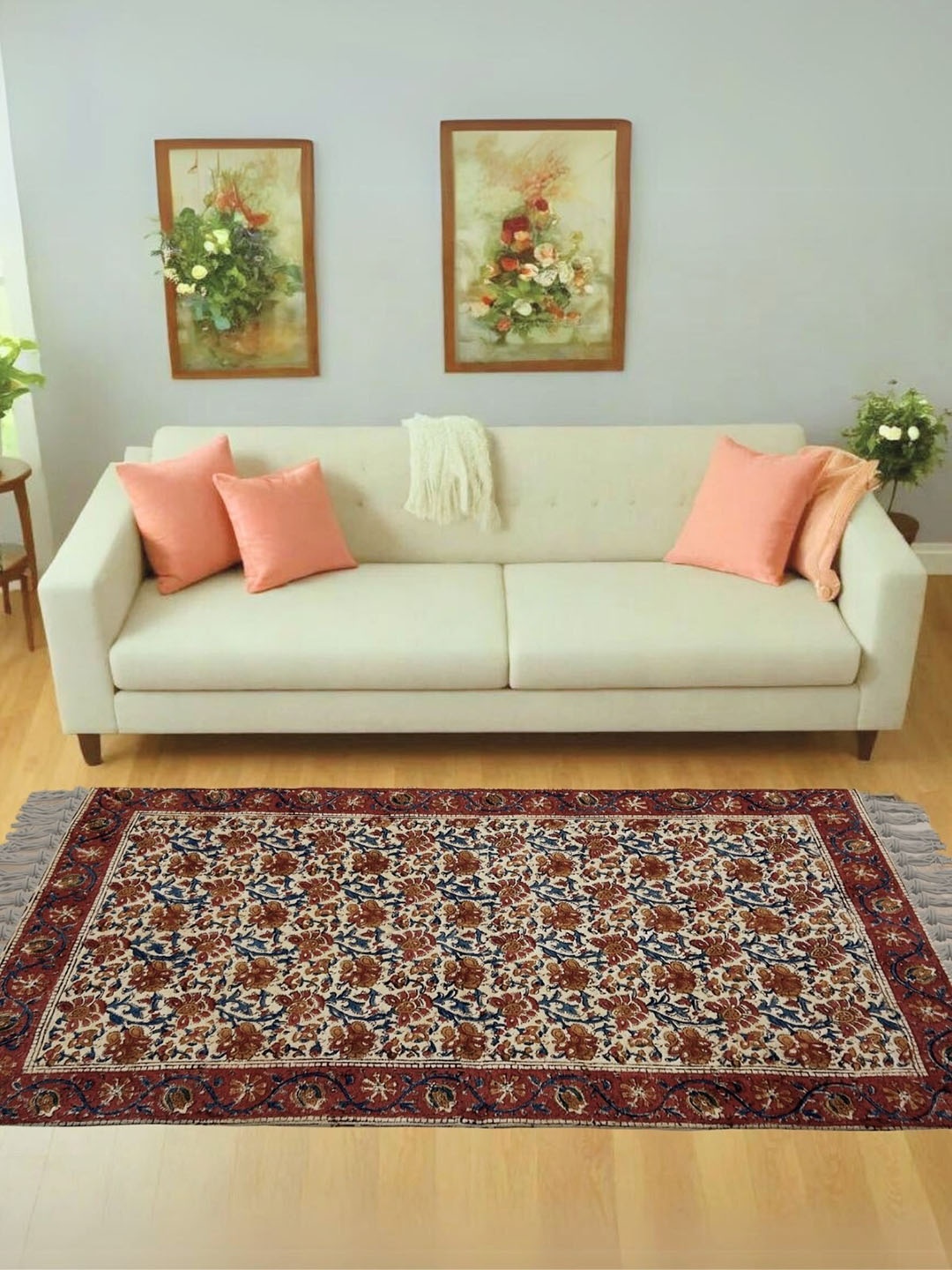 

Peepul Tree Handmade Floral Red & Cream Cotton Carpet