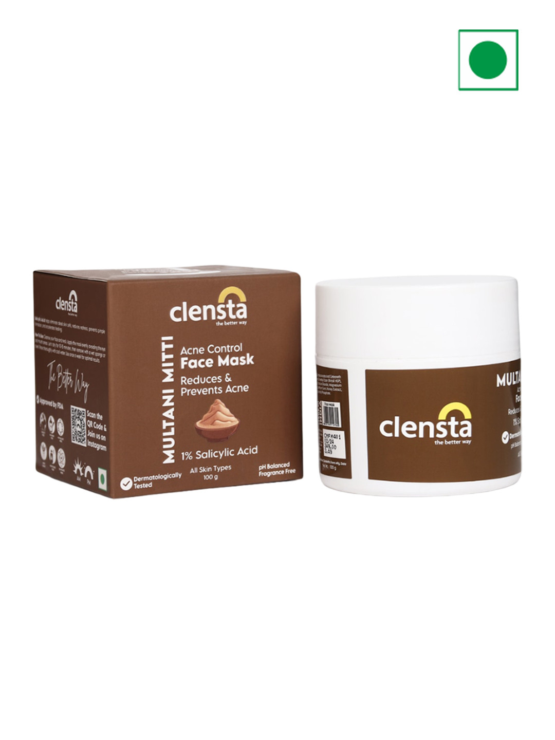 

Clensta Multani Mitti Acne Control Face Mask For Hydrated Skin - 100g, Brown