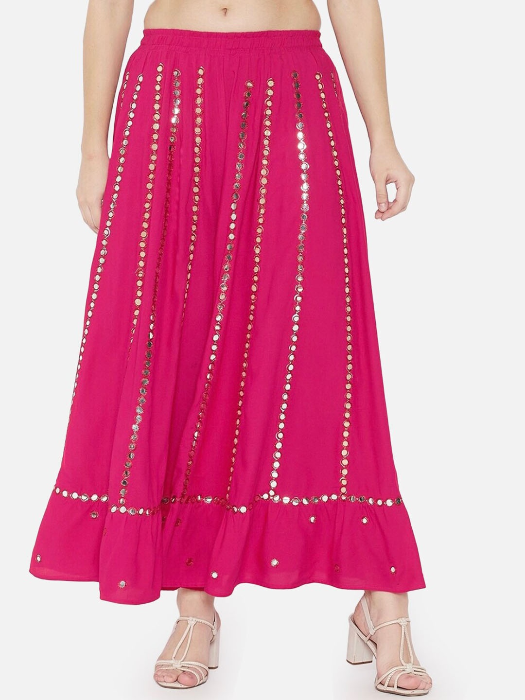 

BCZ Style Embellished Mirror Work Maxi Flared Skirt, Magenta