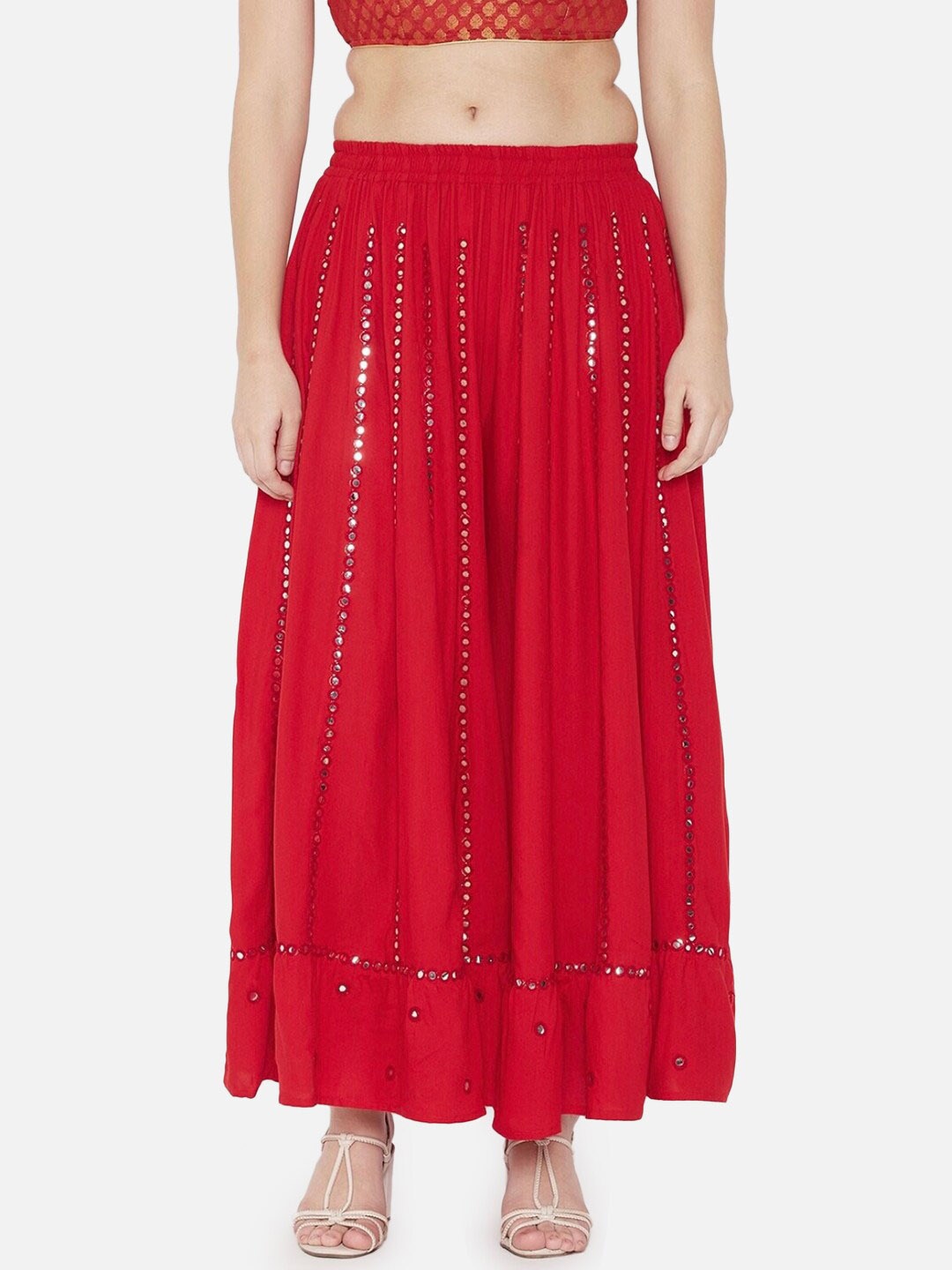 

BCZ Style Embellished Mirror Work Maxi Flared Skirt, Red