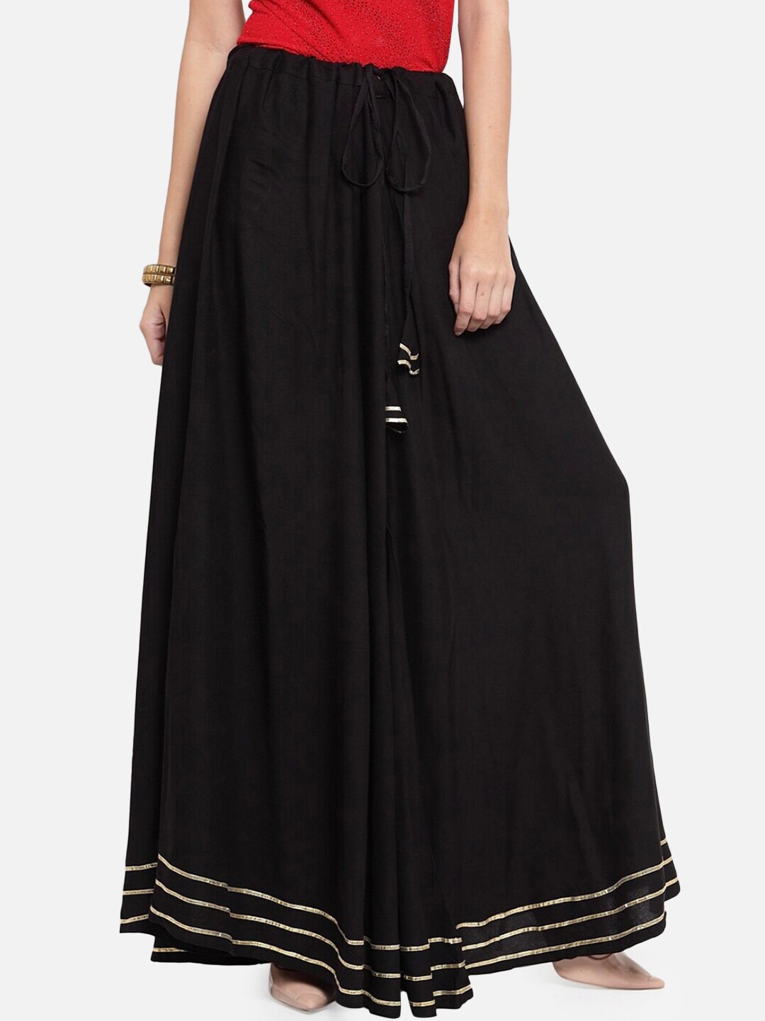 

BCZ Style Embellished Gotta Patti Maxi Flared Skirt, Black