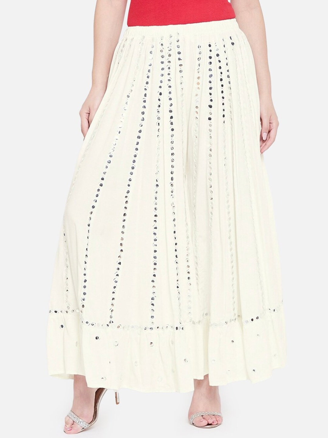 

BCZ Style Embellished Mirror Work Maxi Flared Skirt, Cream