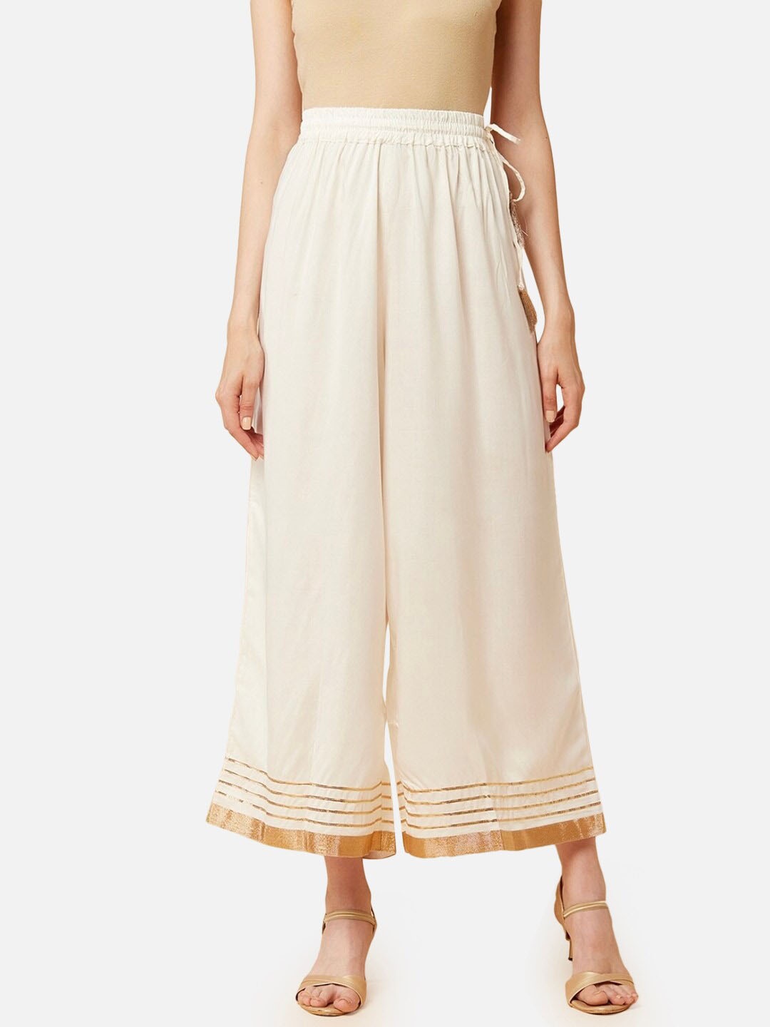 

BCZ Style Flared Ethnic Palazzos, Cream