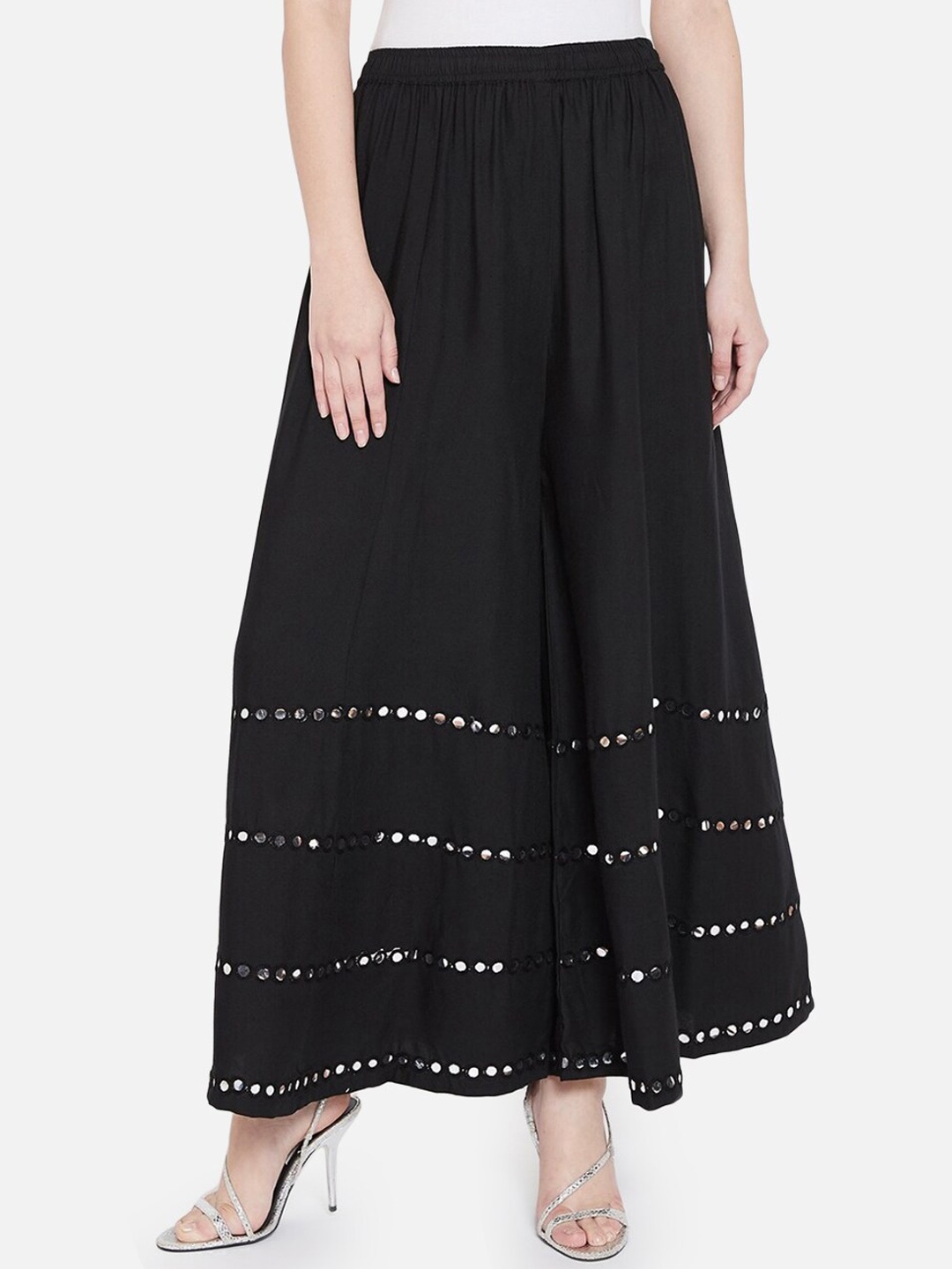 

BCZ Style Embellished Mirror Work Maxi Flared Skirt, Black