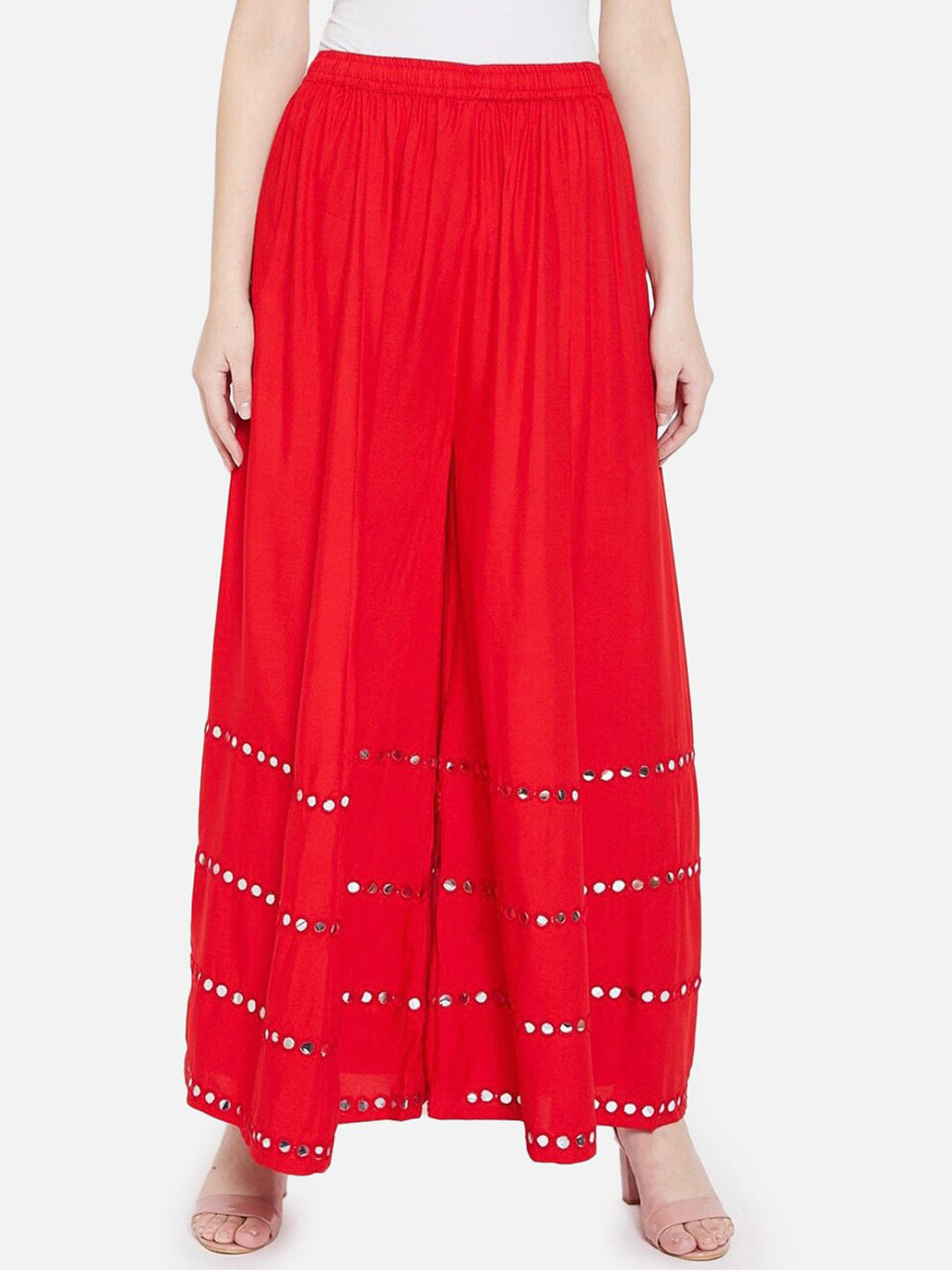 

BCZ Style Embellished Mirror Work Maxi Flared Skirt, Red