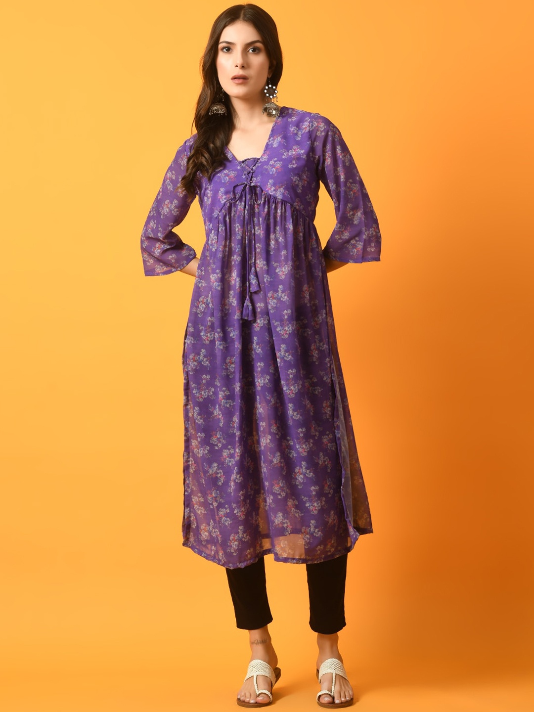 

Myshka Floral Printed V-Neck Empire Georgette A-Line Nyra-cut Kurta, Purple