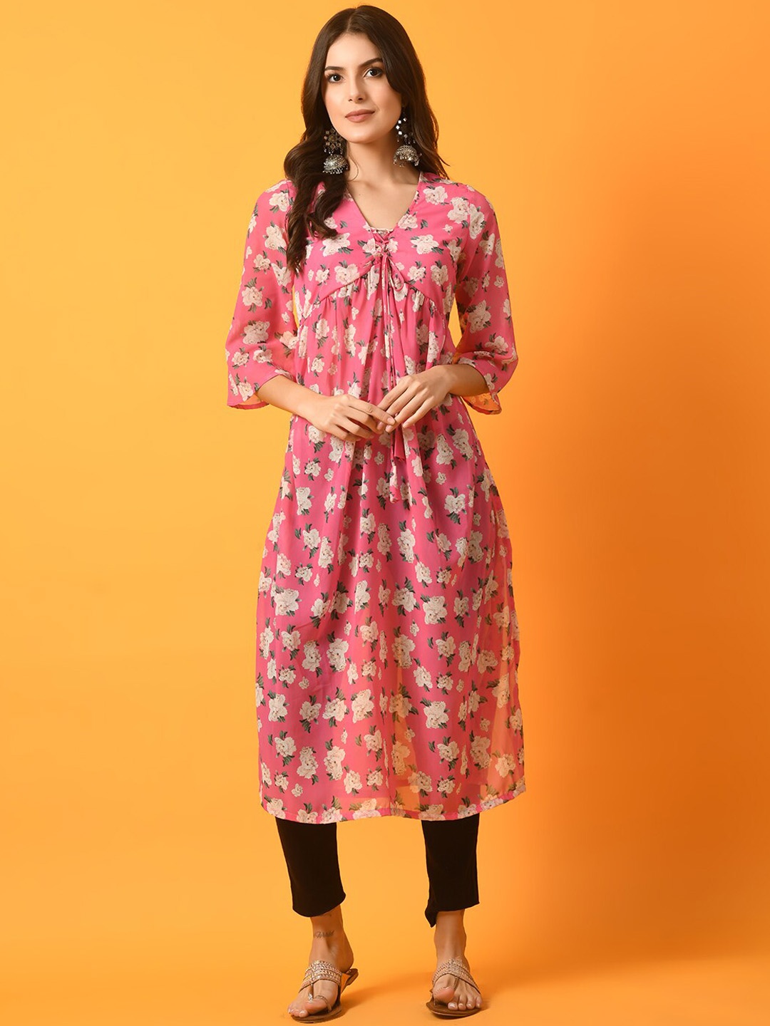 

Myshka Floral Printed Tie Up Neck Empire Naira Cut Georgette Kurta, Pink