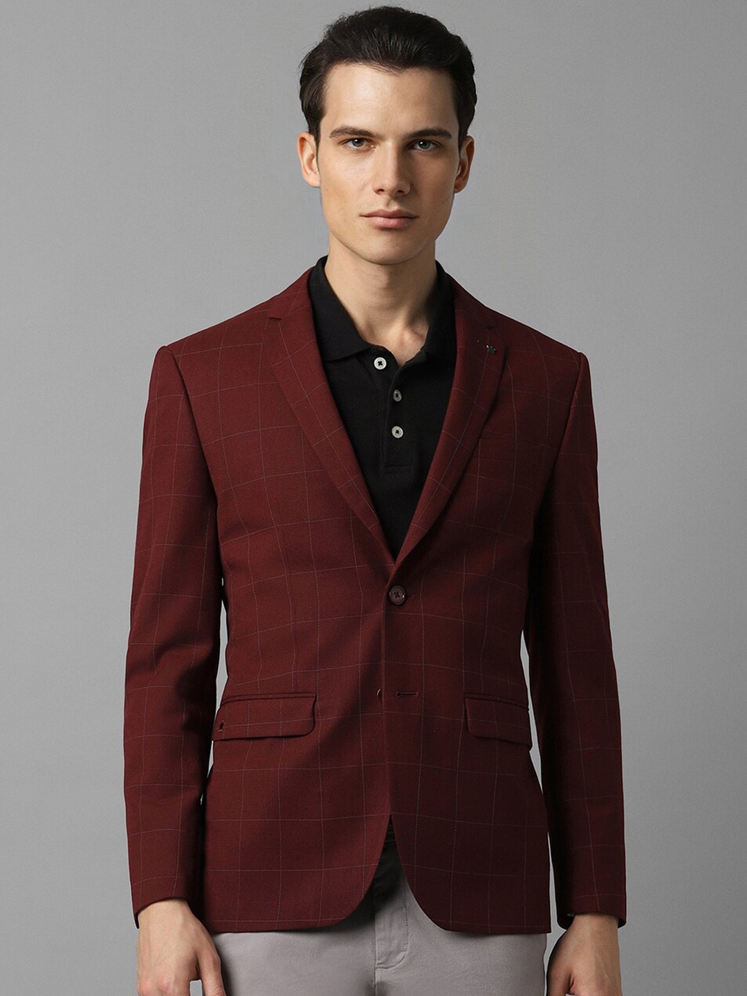 

Louis Philippe Checked Slim-Fit Notched Lapel Collar Single Breasted Formal Blazers, Maroon