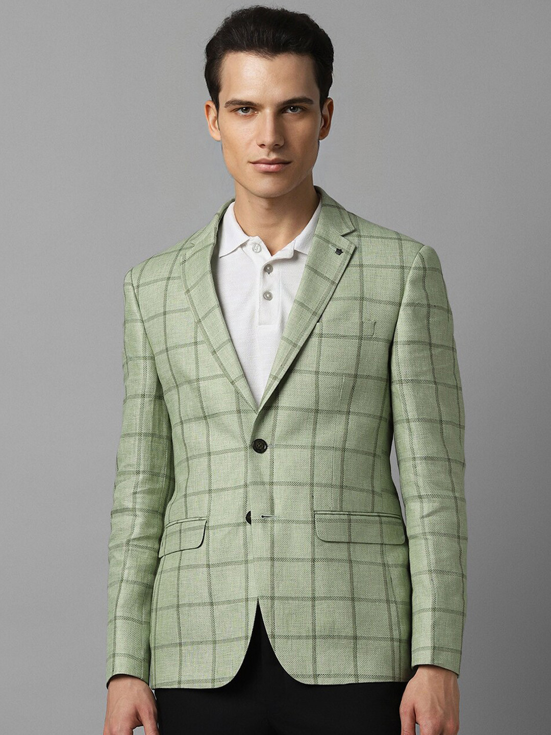 

Louis Philippe Checked Slim-Fit Notched Lapel Collar Single Breasted Formal Blazers, Green