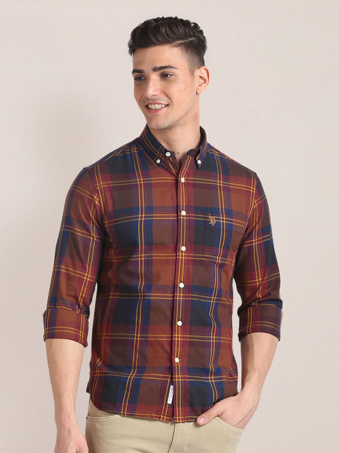 

U.S. Polo Assn. Men Opaque Tartan Checked Cotton Casual Shirt, Red