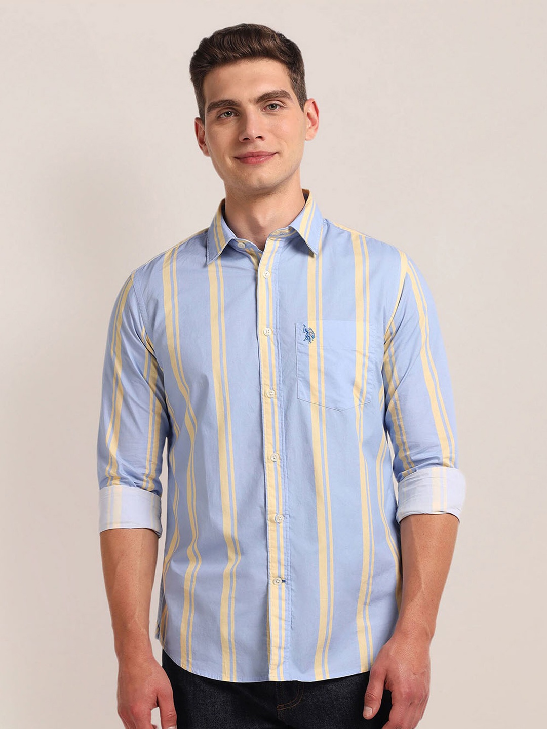 

U.S. Polo Assn. Spread Collar Long Sleeves Striped Cotton Regular Fit Shirt, Blue
