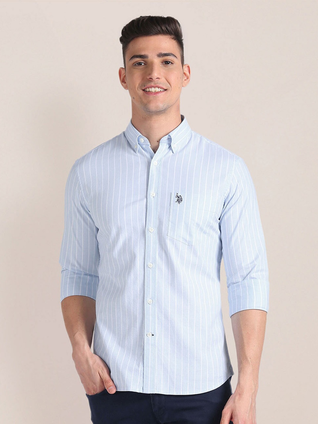 

U.S. Polo Assn. Button Down Collar Long Sleeves Striped Cotton Tailored Fit Shirt, Blue