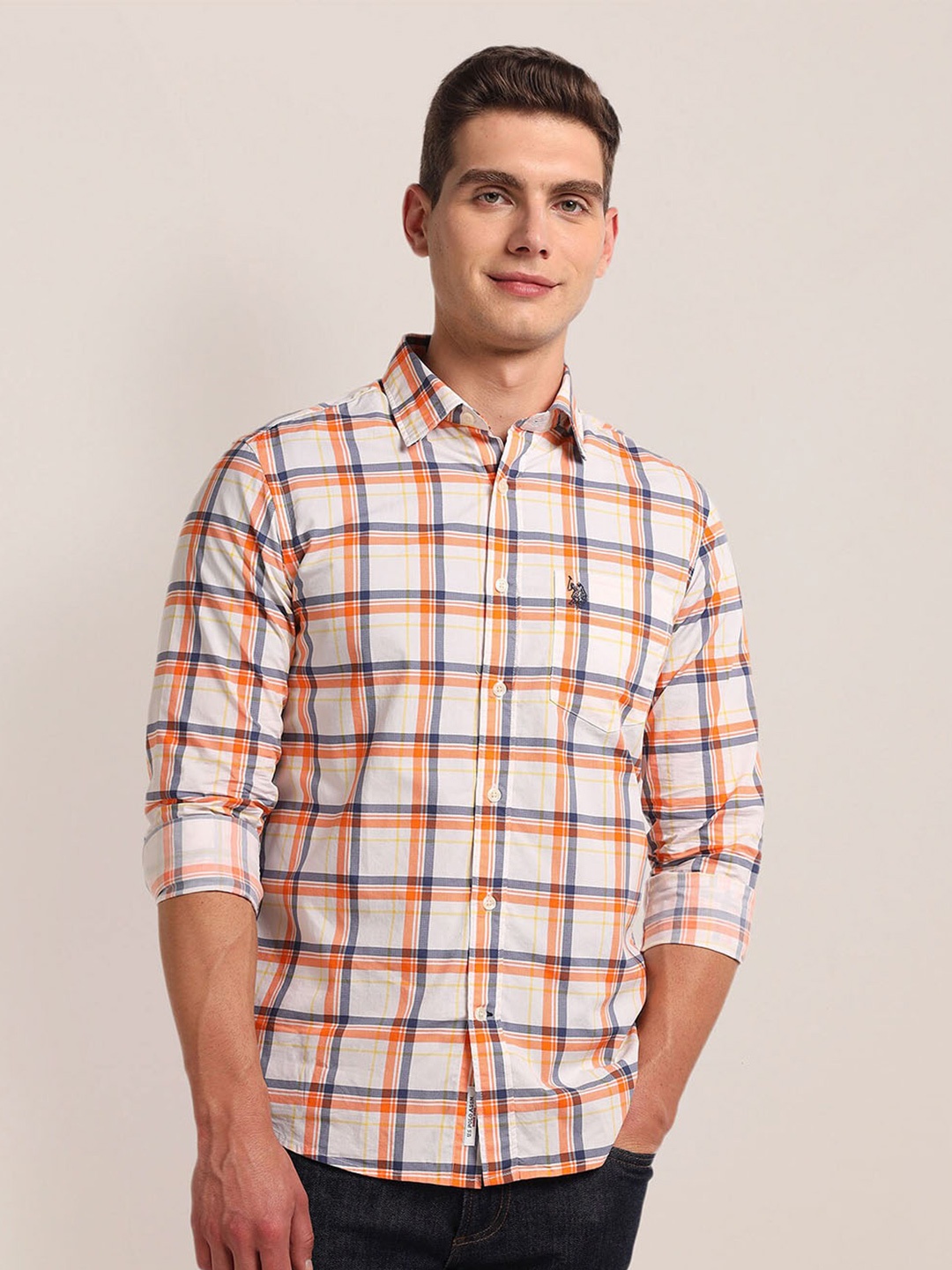 

U.S. Polo Assn. Spread Collar Long Sleeves Checked Cotton Regular Fit Shirt, Orange