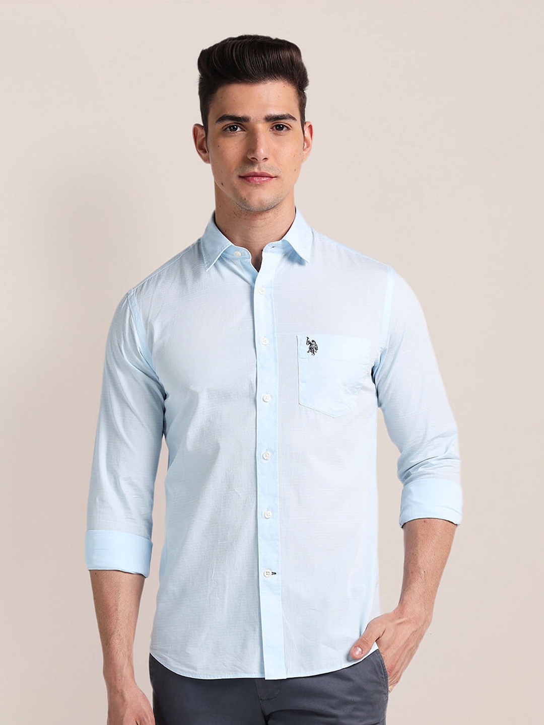 

U.S. Polo Assn. Spread Collar Long Sleeves Cotton Regular Fit Casual Shirt, Blue