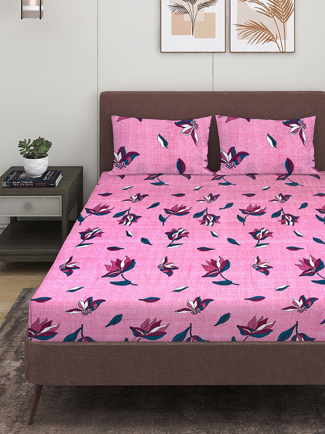 

Aura Pink Floral 160 TC Queen Microfiber Bedsheet With 2 Pillow Covers