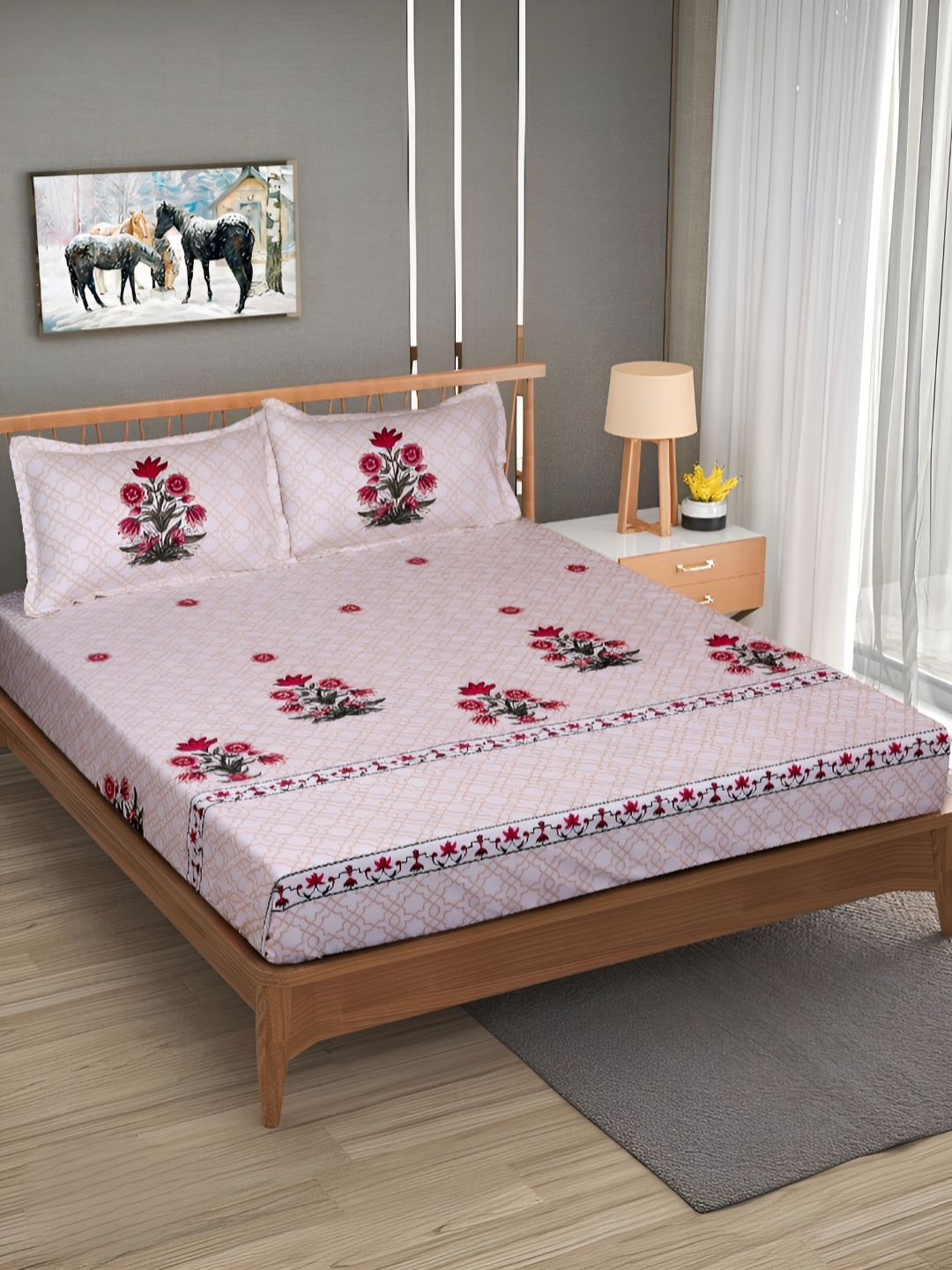 

Aura Cream & Beige Floral 240 TC King Cotton Bedsheet With 2 Pillow Covers
