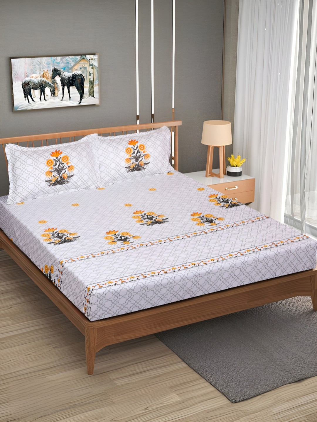

Aura White & Grey Floral 240 TC King Cotton Bedsheet With 2 Pillow Covers