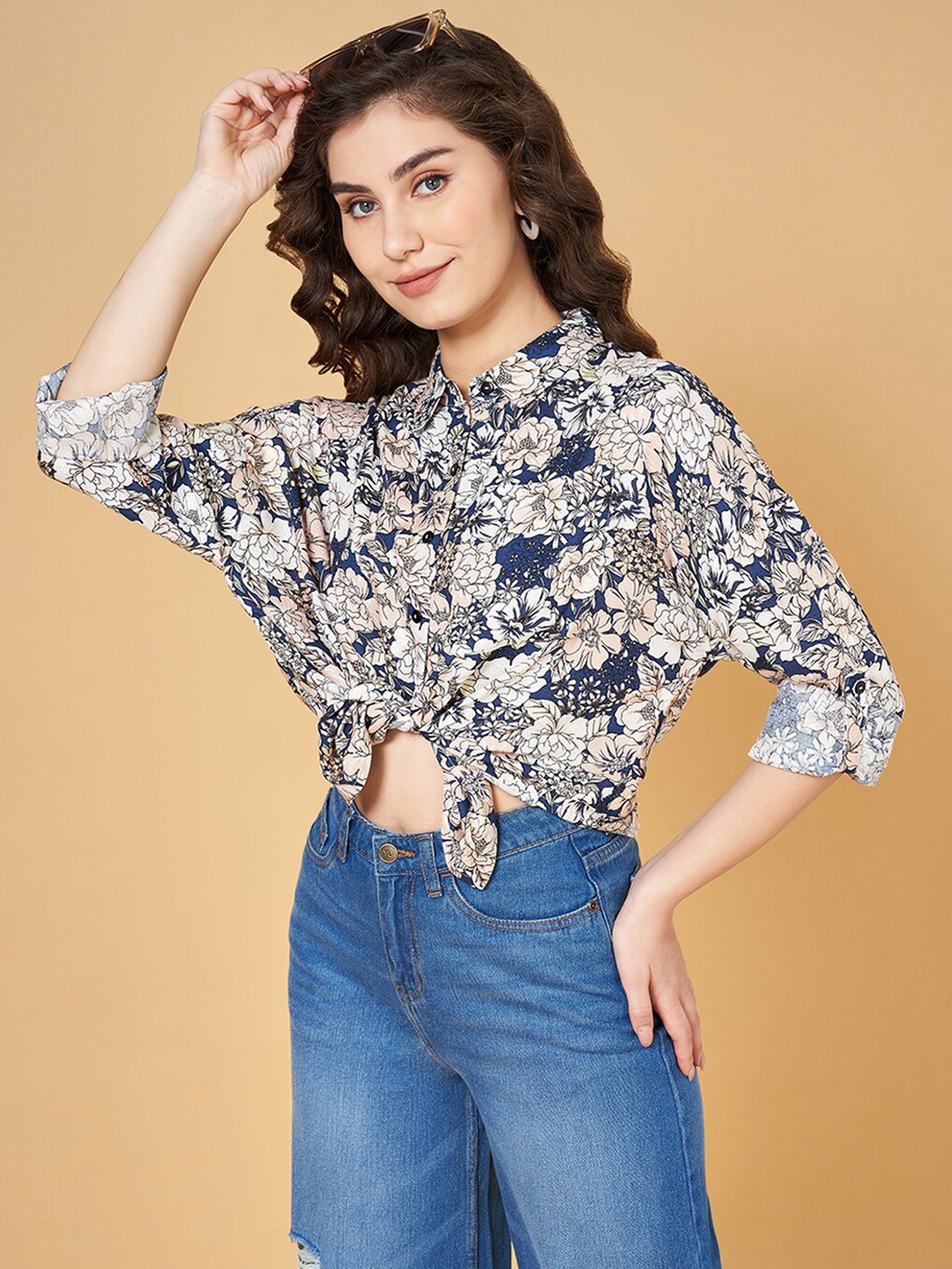 

YU by Pantaloons Floral Printed Shirt Style Top, Navy blue