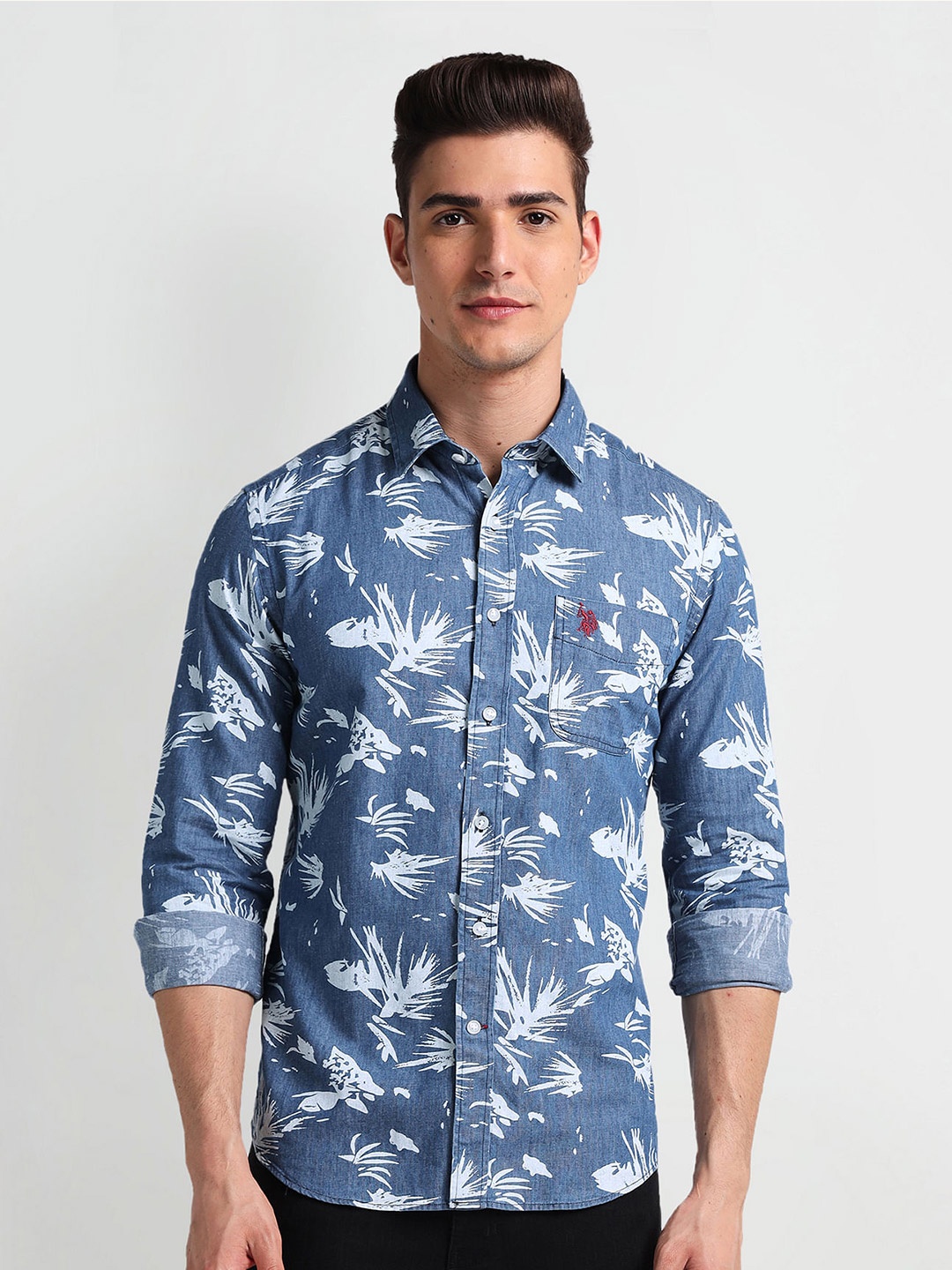 

U.S. Polo Assn. Denim Co. Spread Collar Long Sleeves Slim Fit Abstract Printed Shirt, Blue