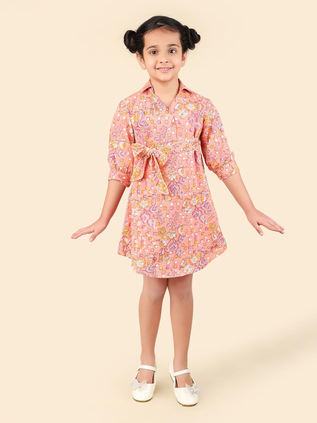 

Fabindia Girls Floral Printed Shirt Collar Tie-Ups Cotton A-Line Dress, Pink