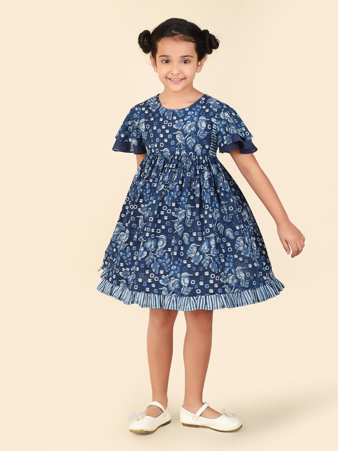 

Fabindia Girls Floral Printed Round Neck Flared Sleeves Gathered Cotton Fit & Flare Dress, Navy blue