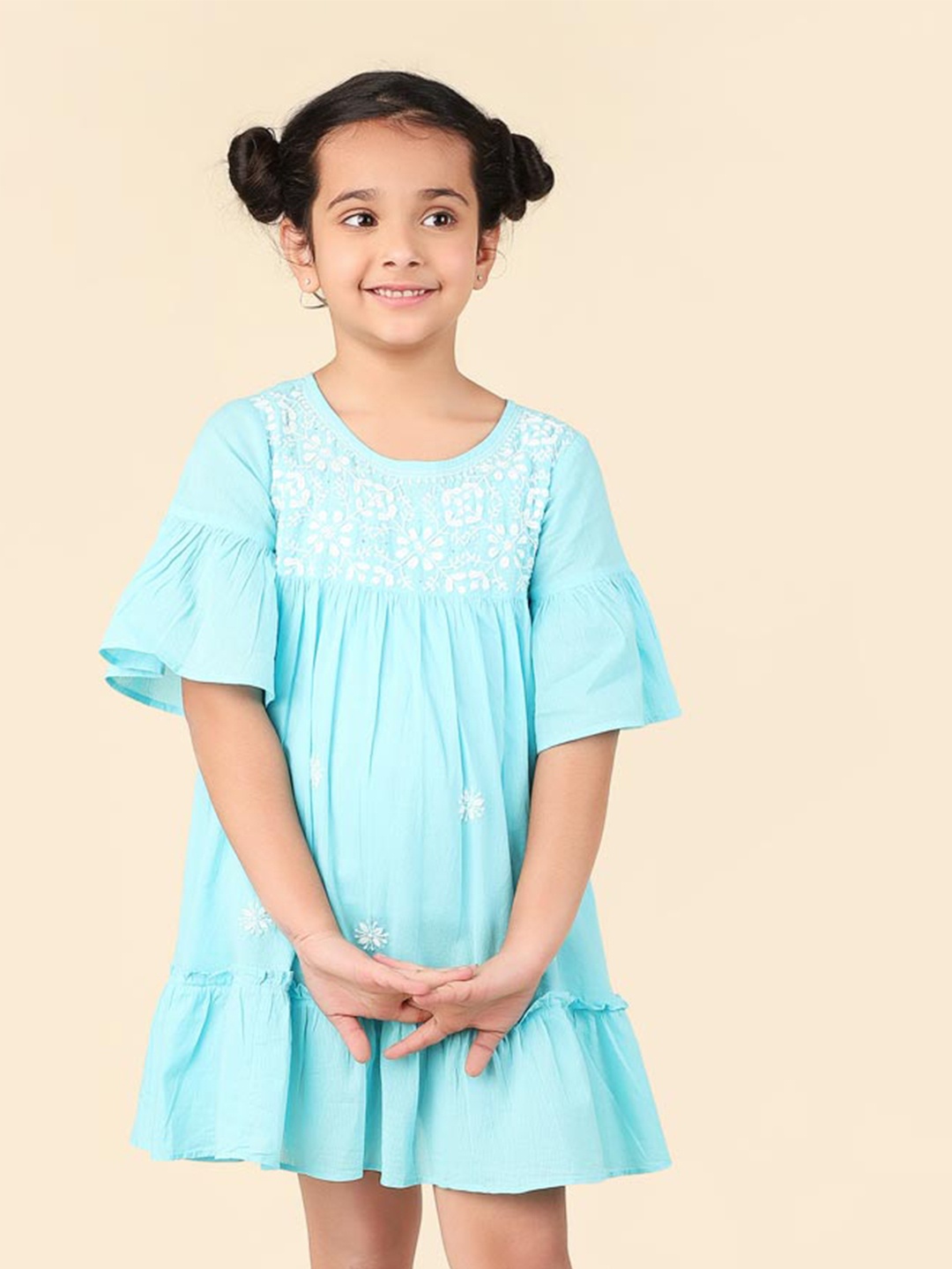 

Fabindia Girls Floral Embroidered Bell Sleeves Chikankari Cotton A-Line Dress, Blue