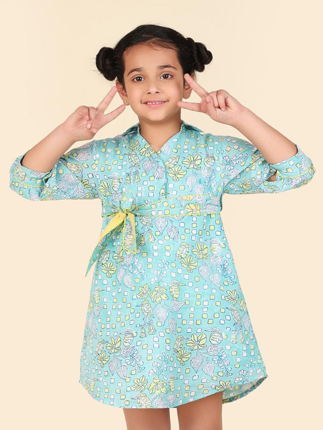 

Fabindia Girls Floral Printed Cotton A-Line Dress, Blue