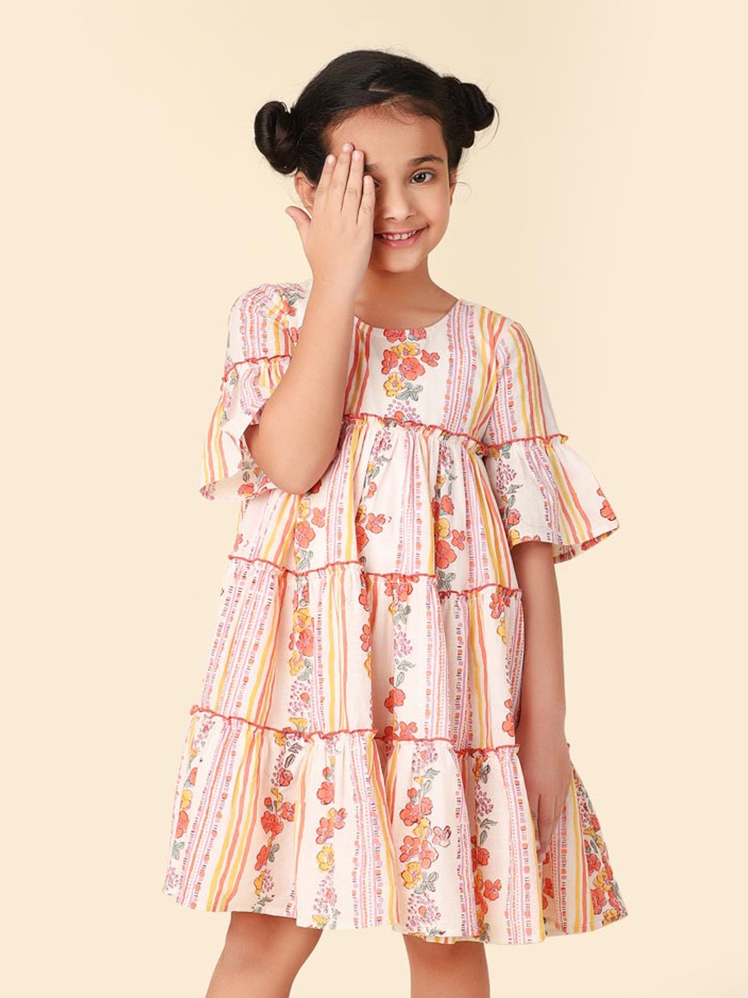 

Fabindia Girls Floral Striped Cotton Fit & Flare Dress, Peach