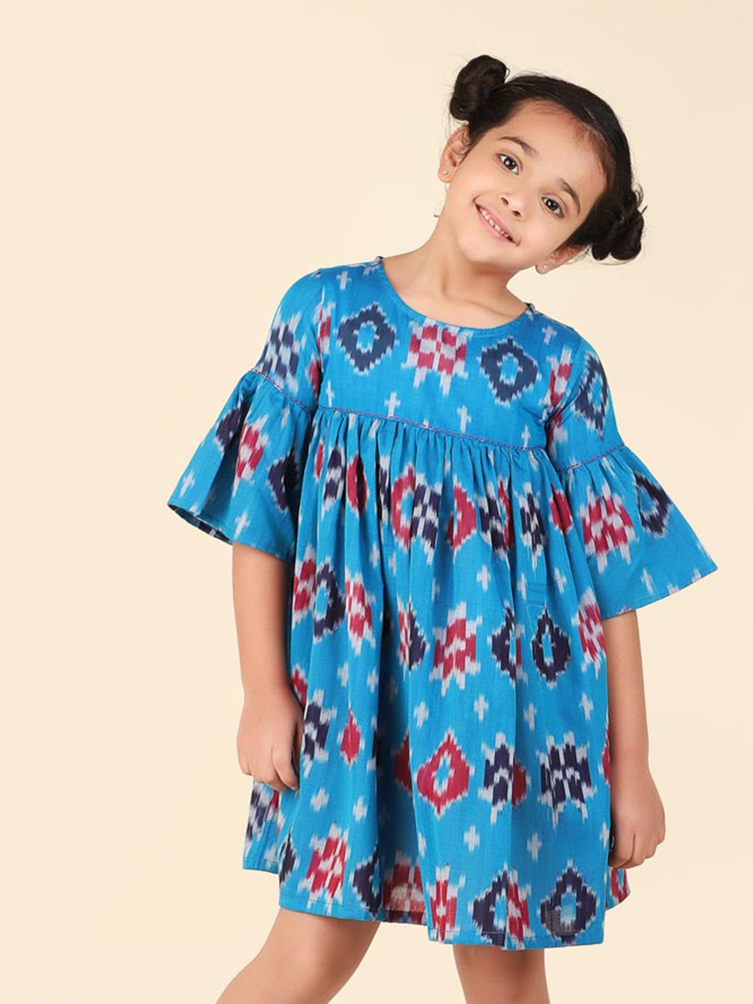 

Fabindia Girls Geometric Printed Bell Sleeves Cotton A-Line Dress, Blue