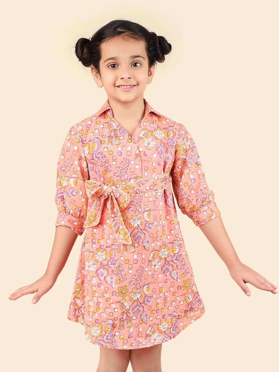 

Fabindia Girls Floral Printed Shirt Collar Cotton A-Line Dress, Pink