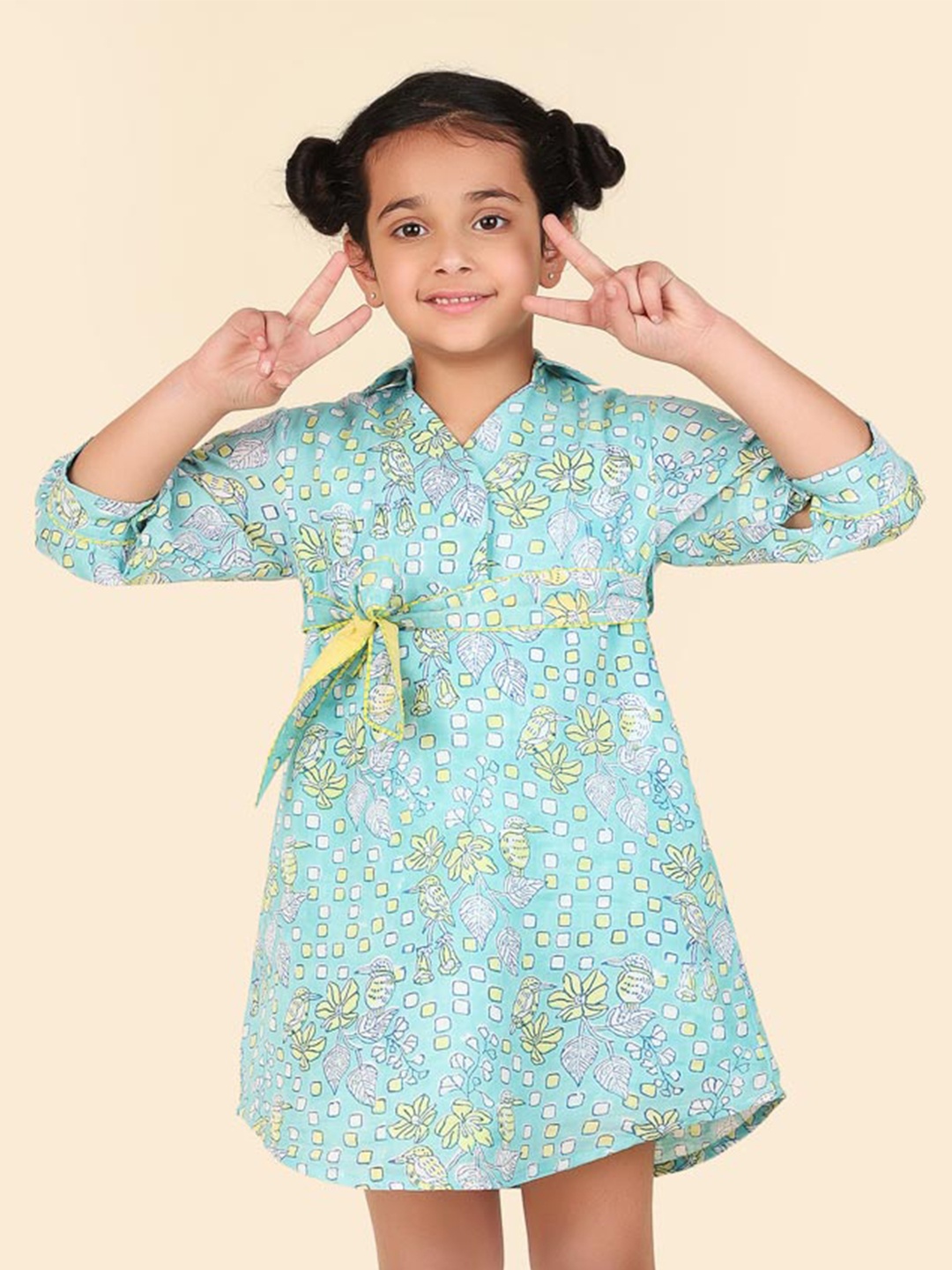 

Fabindia Girls Floral Printed Shirt Collar Tie-Ups Cotton A-Line Dress, Teal