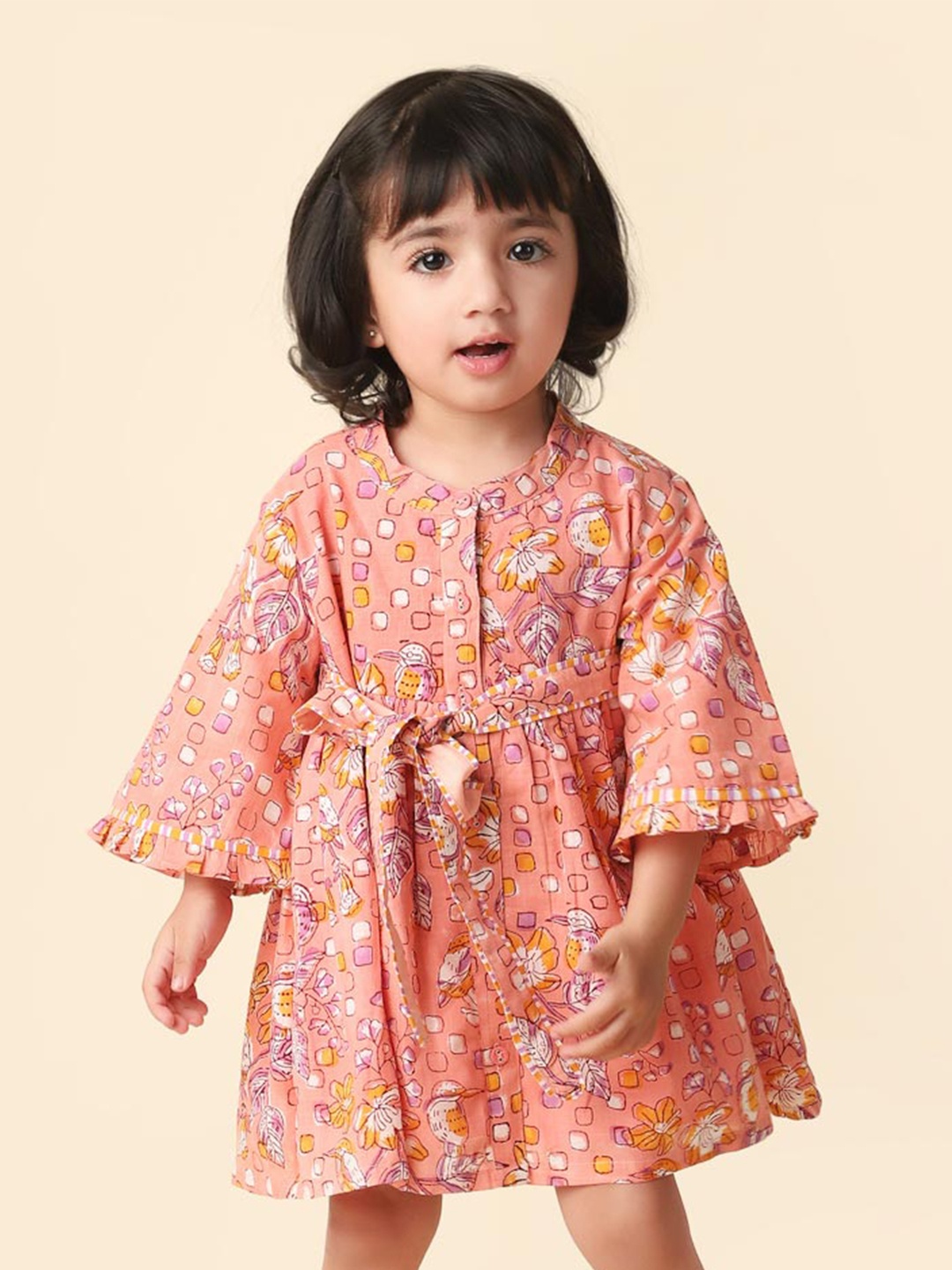 

Fabindia Infant Girls Floral Printed Flared Sleeves Cotton A-Line Dress, Pink