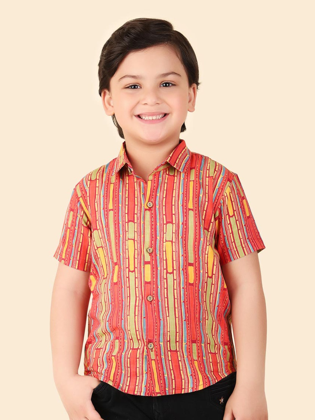 

Fabindia Boys Striped Spread Collar Cotton Curved Casual Shirt, Red