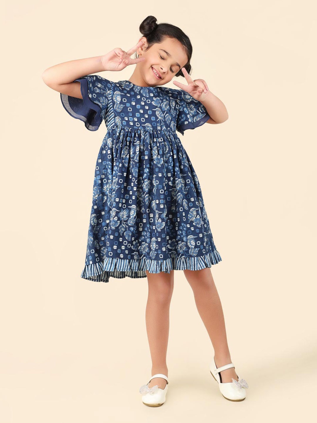 

Fabindia Girls Geometric Printed Bell Sleeves Cotton Fit & Flare Dress, Blue
