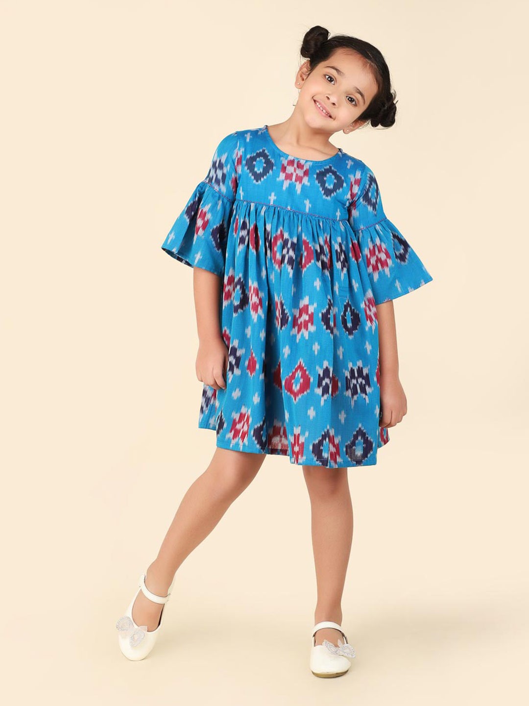 

Fabindia Girls Ethnic Motifs Printed Bell Sleeves Cotton A-Line Dress, Blue