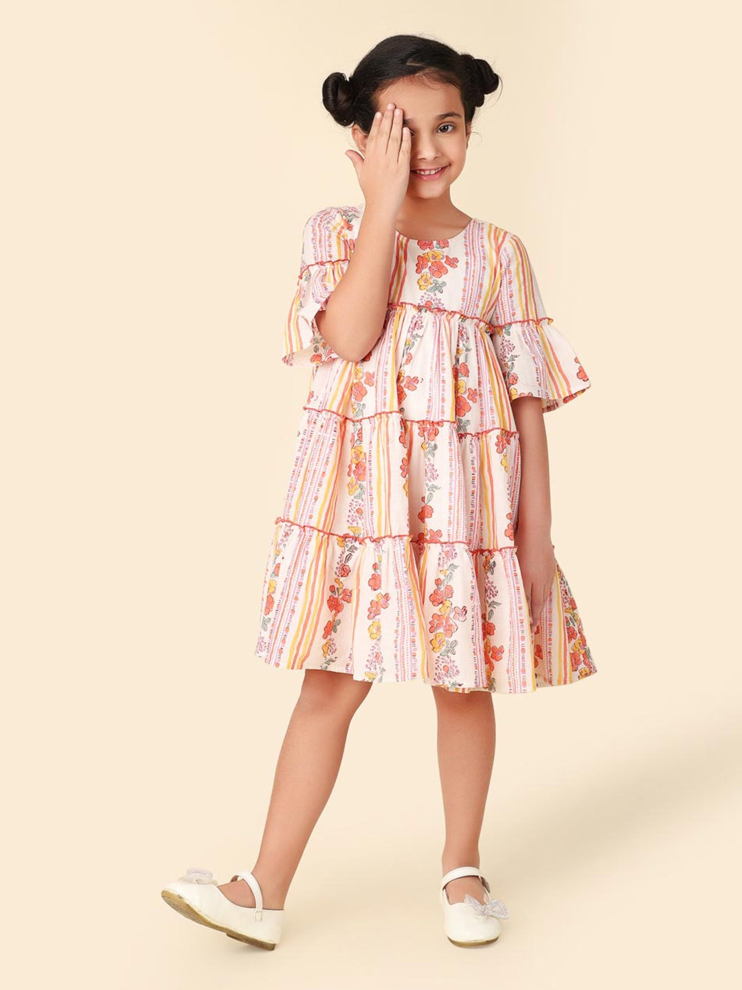 

Fabindia Girls Floral Printed Bell Sleeves Gathered Tiered Cotton A-Line Dress, White