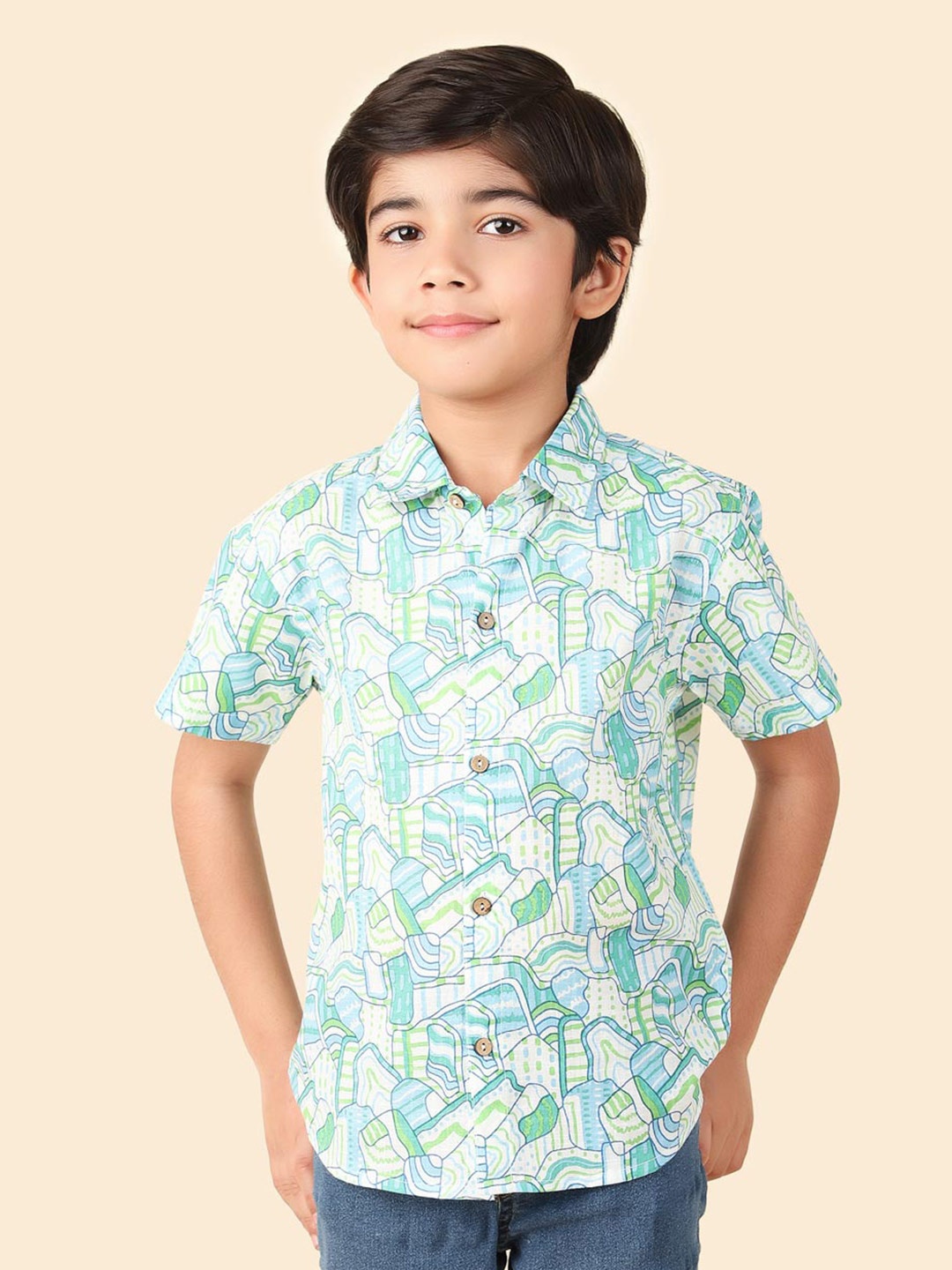 

Fabindia Boys Abstract Printed Cotton Spread Collar Curved Casual Shirt, Blue